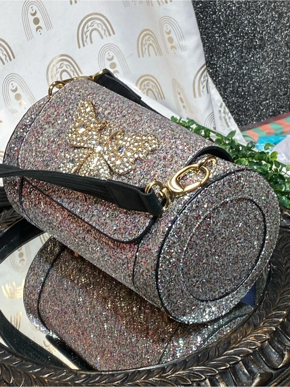 Silver Glitter Bow Crossbody Bag with Black Strap